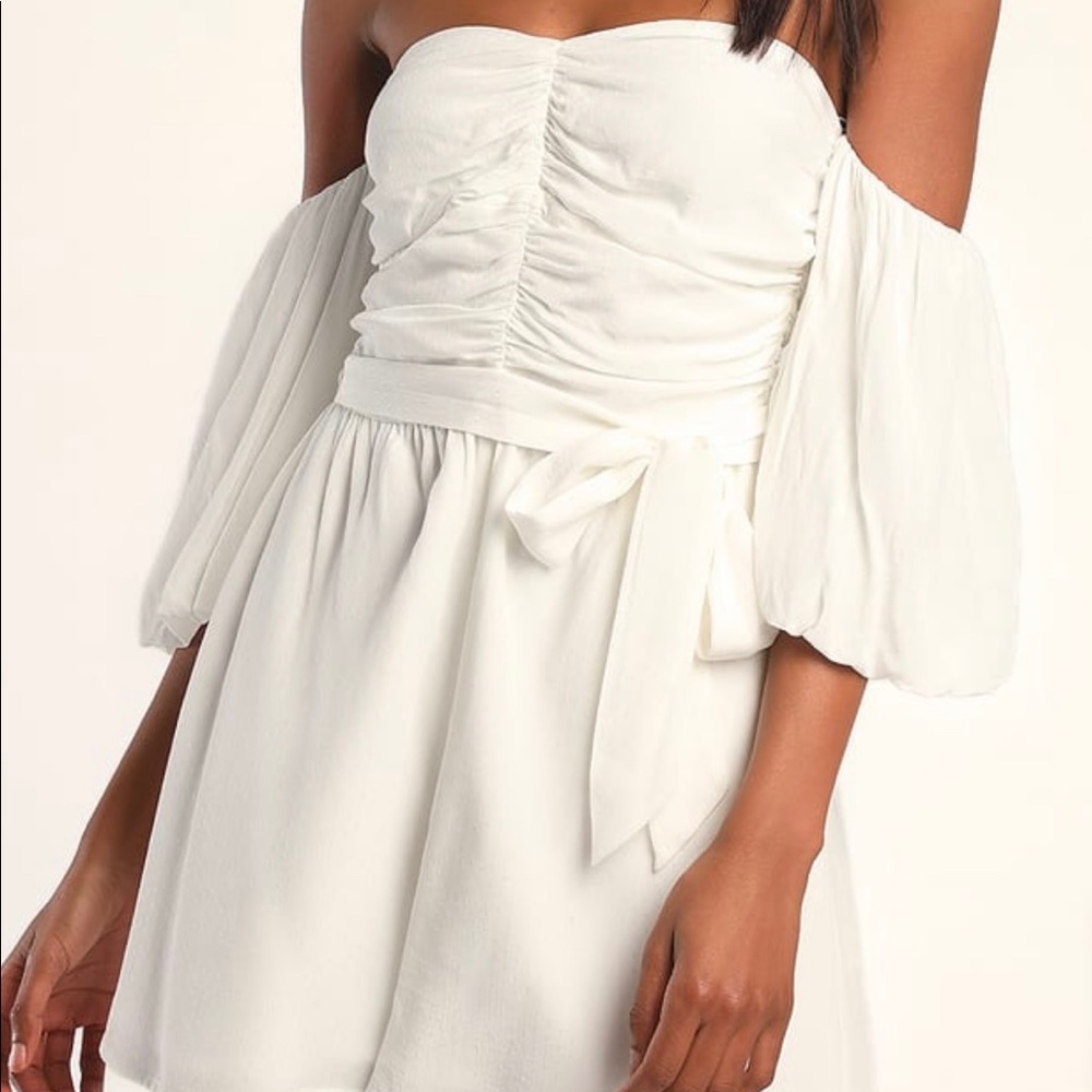 Lulus Playful Moments Ivory Ruched Off-the-Shoulder Romper